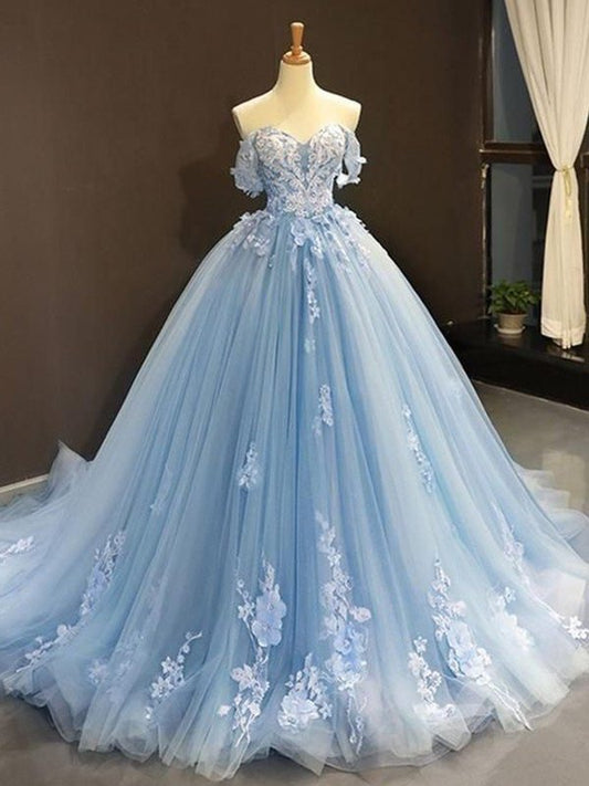 Ball Gown Tulle Off-the-Shoulder Sleeveless Applique Sweep/Brush Train Dresses DFP0001364