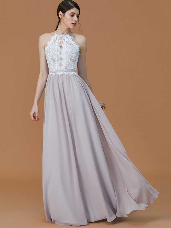 A-Line/Princess Halter Sleeveless Floor-Length Lace Chiffon Bridesmaid Dresses DFP0005137