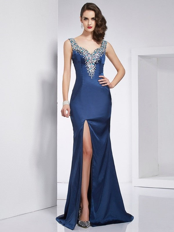 Trumpet/Mermaid Straps Sleeveless Beading Long Elastic Woven Satin Dresses DFP0002746