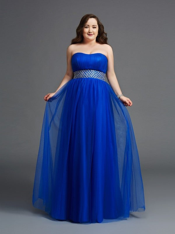 A-Line/Princess Strapless Rhinestone Sleeveless Long Net Plus Size Dresses DFP0003438