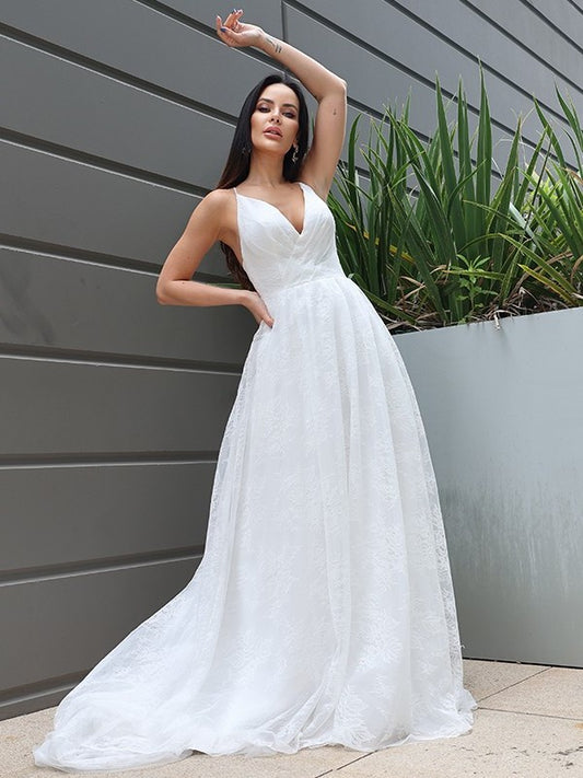 A-Line/Princess Lace Ruched V-neck Sleeveless Sweep/Brush Train Wedding Dresses DFP0006312