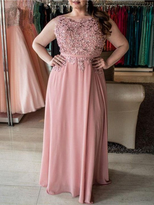 A-Line/Princess Bateau Sleeveless Beading Floor-Length Chiffon Plus Size Dresses DFP0002395