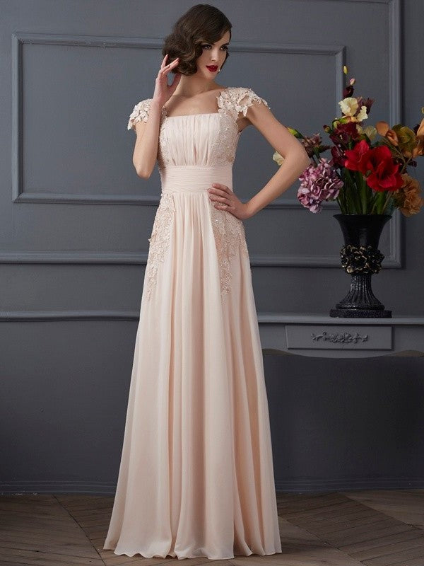 A-Line/Princess Square Short Sleeves Lace Long Chiffon Dresses DFP0002685