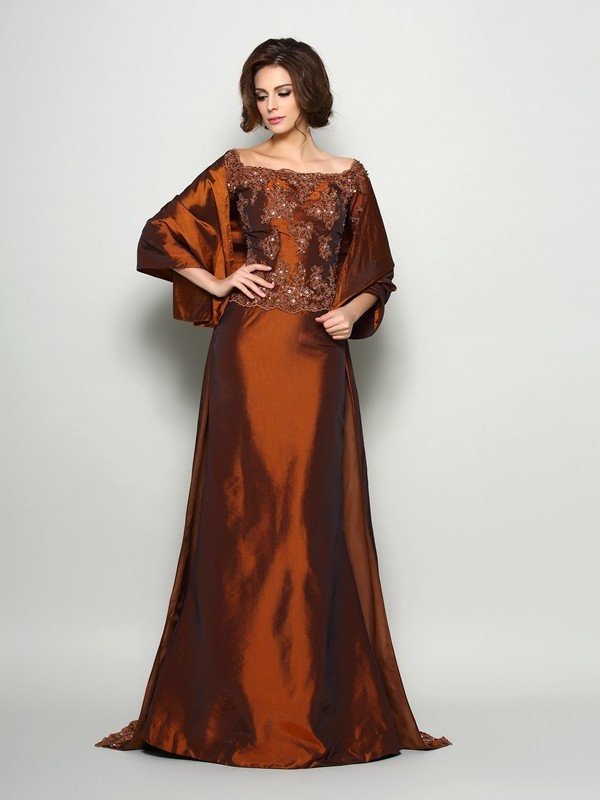 A-Line/Princess Off-the-Shoulder Beading 1/2 Sleeves Long Taffeta Mother of the Bride Dresses DFP0007191