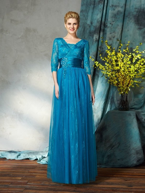 A-Line/Princess V-neck Applique 3/4 Sleeves Long Net Mother of the Bride Dresses DFP0007436