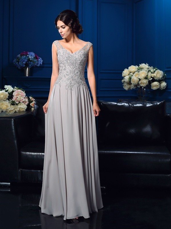 A-Line/Princess V-neck Beading Sleeveless Long Chiffon Mother of the Bride Dresses DFP0007073