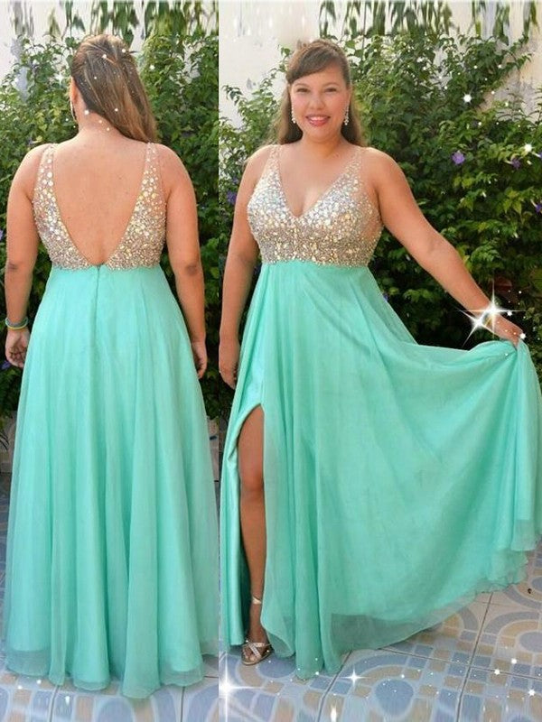 A-Line/Princess V-neck Sleeveless Beading Floor-Length Chiffon Plus Size Dresses DFP0002503