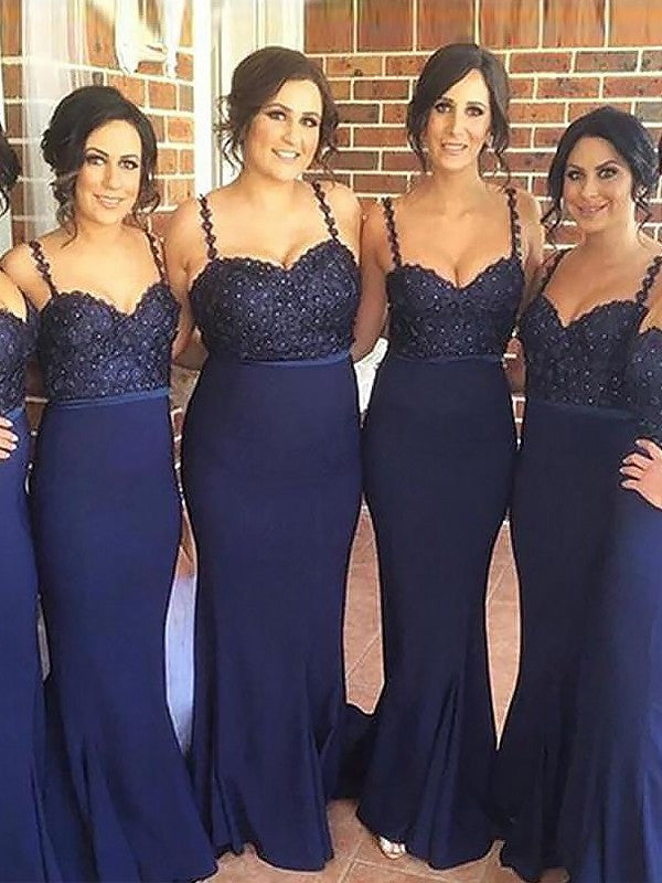 Trumpet/Mermaid Spaghetti Straps Sleeveless Sweep/Brush Train Stretch Crepe Bridesmaid Dresses DFP0005330