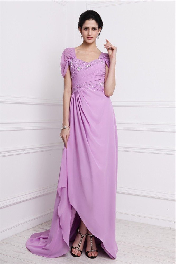 Sheath/Column Square Short Sleeves Beading Embroidery Long Chiffon Mother of the Bride Dresses DFP0007433