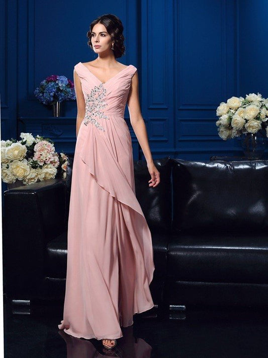 A-Line/Princess V-neck Beading Sleeveless Long Chiffon Mother of the Bride Dresses DFP0007097