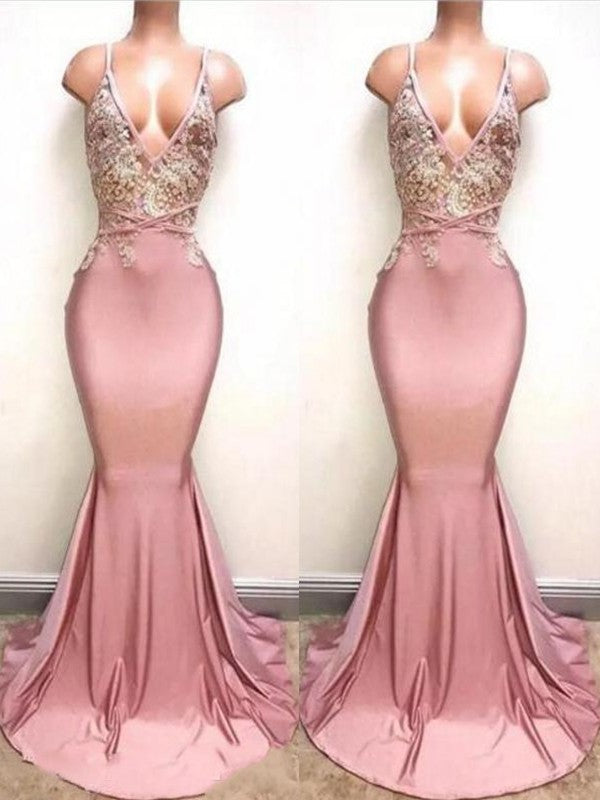 Trumpet/Mermaid Sleeveless V-neck Sweep/Brush Train Lace Satin Dresses DFP0002030