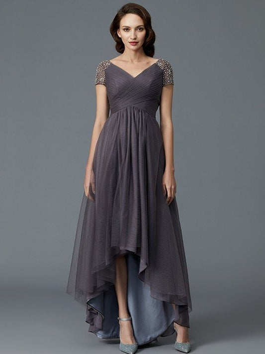 A-Line/Princess V-neck Short Sleeves Asymmetrical Tulle Mother of the Bride Dresses DFP0007098