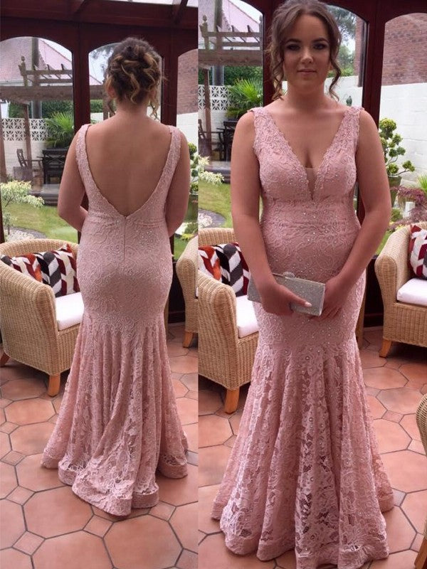 Trumpet/Mermaid V-neck Sleeveless Beading Floor-Length Lace Plus Size Dresses DFP0003371