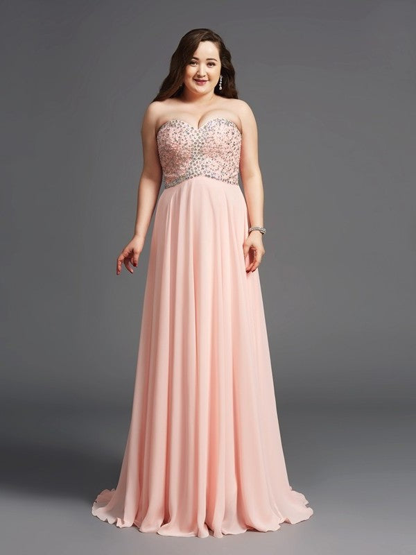 A-Line/Princess Sweetheart Beading Sleeveless Long Chiffon Plus Size Dresses DFP0003818