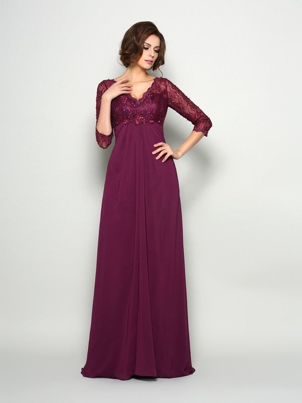 A-Line/Princess V-neck Beading 3/4 Sleeves Long Chiffon Mother of the Bride Dresses DFP0007205