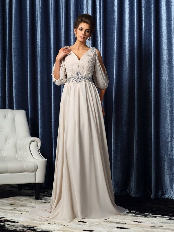 A-Line/Princess V-neck Beading 1/2 Sleeves Long Chiffon Mother of the Bride Dresses DFP0007063