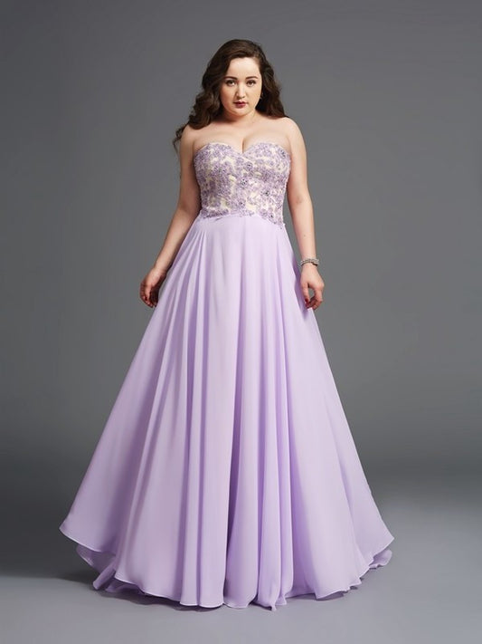 A-Line/Princess Sweetheart Lace Sleeveless Long Chiffon Plus Size Dresses DFP0003605