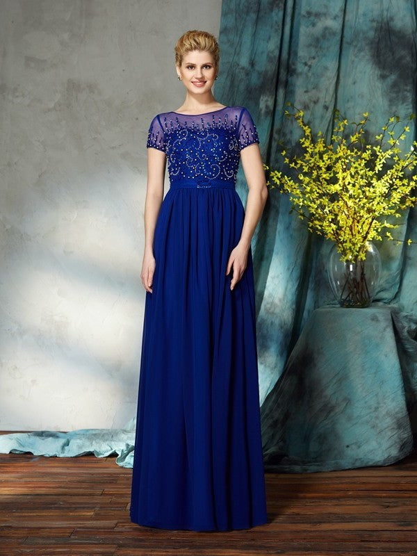 A-Line/Princess Scoop Beading Short Sleeves Long Chiffon Mother of the Bride Dresses DFP0007371