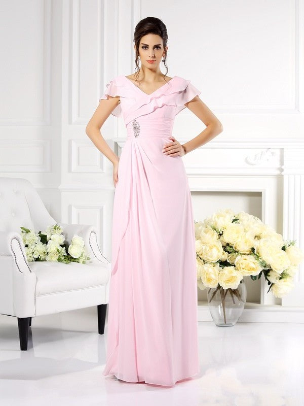 A-Line/Princess V-neck Ruffles Short Sleeves Long Chiffon Mother of the Bride Dresses DFP0007149