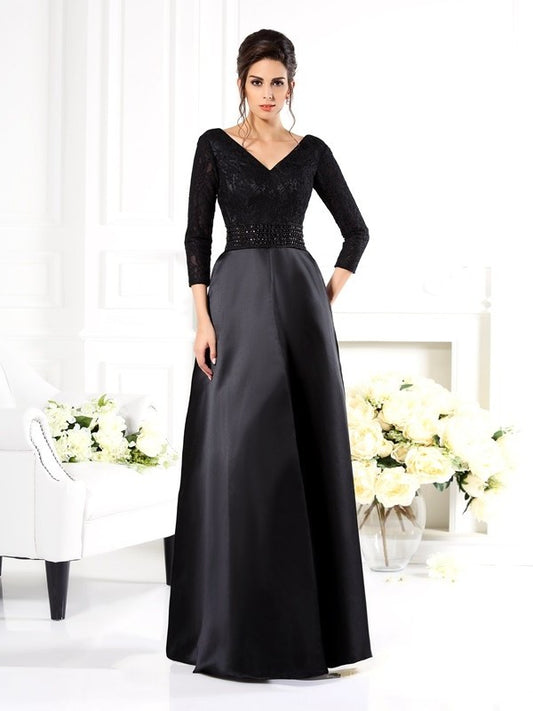 A-Line/Princess V-neck Beading 3/4 Sleeves Long Satin Mother of the Bride Dresses DFP0007195