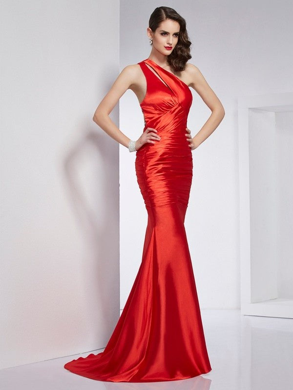 Sheath/Column One-Shoulder Beading Long Elastic Woven Satin Dresses DFP0003122