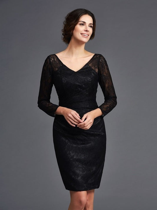 Sheath/Column V-neck Lace Long Sleeves Short Elastic Woven Satin Mother of the Bride Dresses DFP0007400