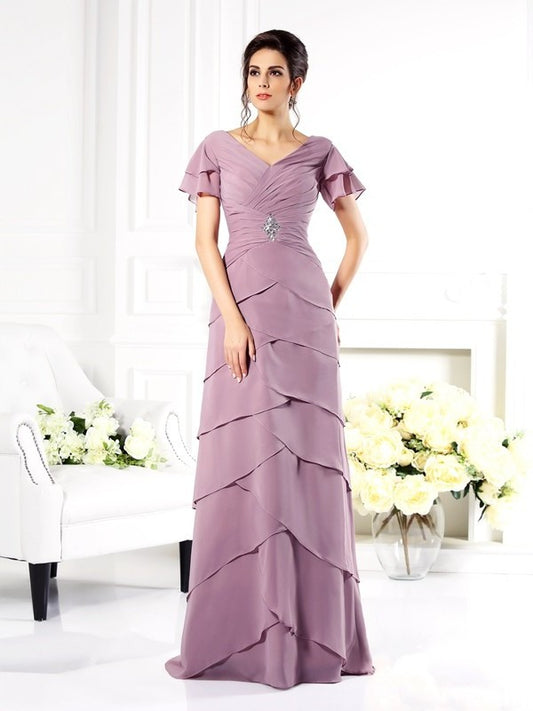 Sheath/Column V-neck Short Sleeves Long Chiffon Mother of the Bride Dresses DFP0007269