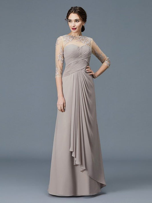 A-Line/Princess Sheer Neck 3/4 Sleeves Ruffles Chiffon Floor-Length Mother of the Bride Dresses DFP0007219