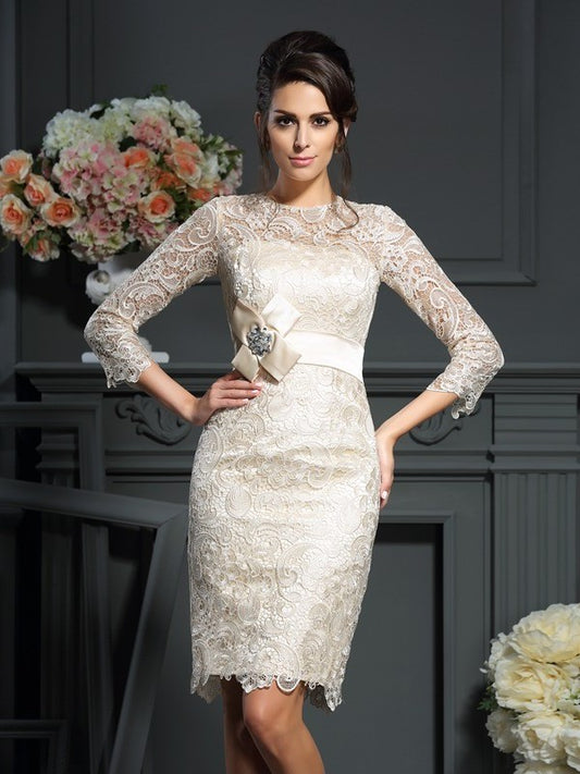 Sheath/Column Scoop Bowknot 3/4 Sleeves Short Lace Mother of the Bride Dresses DFP0007090