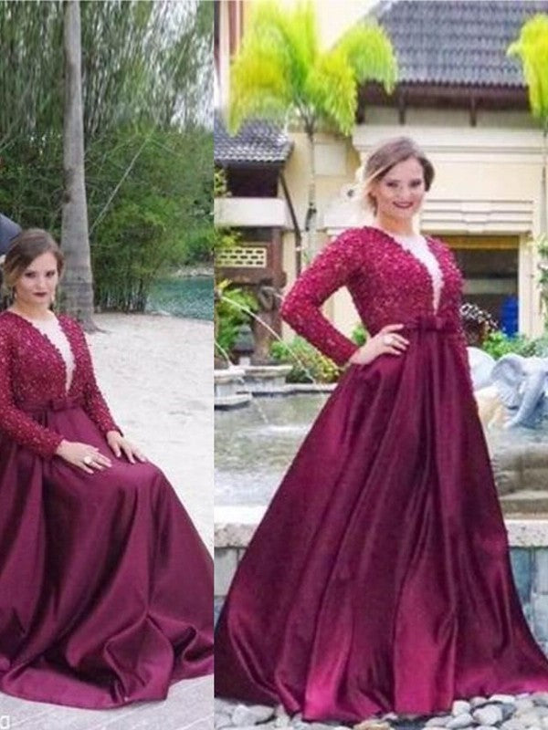 A-Line/Princess V-neck Long Sleeves Beading Sweep/Brush Train Satin Plus Size Dresses DFP0002173