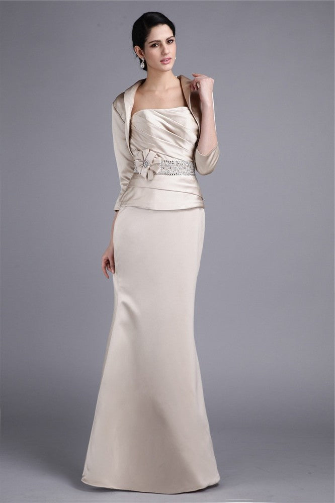 Sheath/Column Strapless Beading Hand-Made Flower Elastic Woven Satin Mother of the Bride Dresses DFP0007324