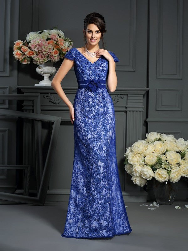 Trumpet/Mermaid V-neck Beading Short Sleeves Long Satin Mother of the Bride Dresses DFP0007214