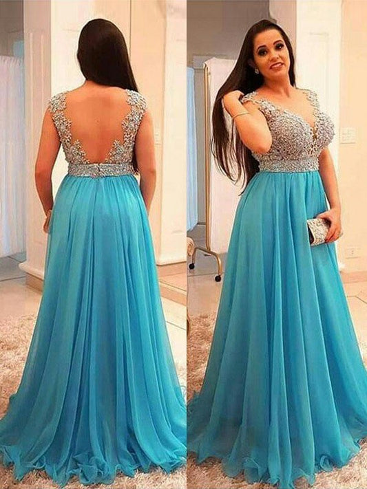 A-Line/Princess V-neck Sleeveless Beading Floor-Length Chiffon Plus Size Dresses DFP0002011