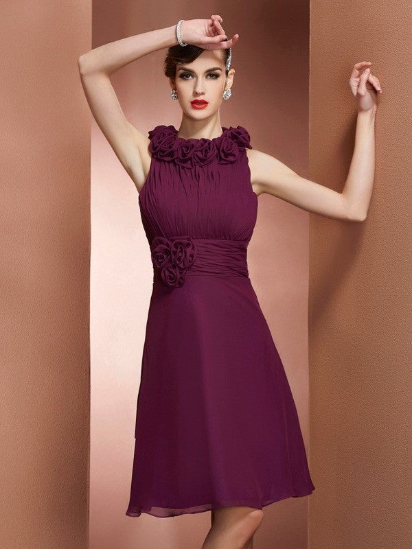 A-Line/Princess High Neck Sleeveless Hand-Made Flower Short Chiffon Bridesmaid Dresses DFP0005202