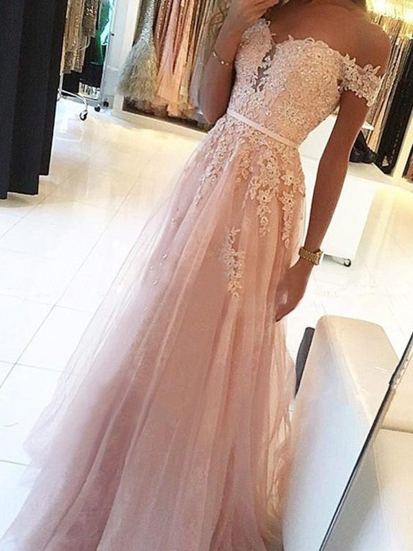 A-Line/Princess Off-the-Shoulder Sleeveless Floor-Length Applique Tulle Dresses DFP0001727