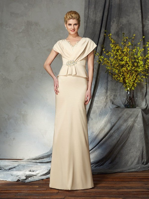 Sheath/Column V-neck Beading Short Sleeves Long Silk like Satin Mother of the Bride Dresses DFP0007271