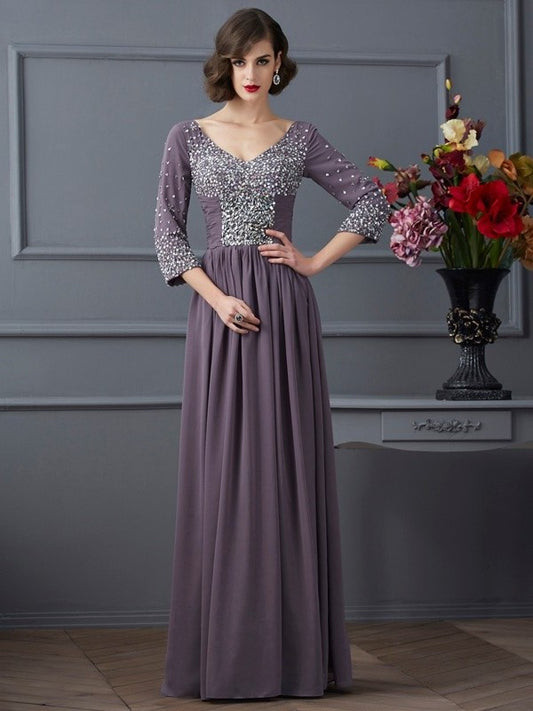 Sheath/Column V-neck 3/4 Sleeves Beading Long Chiffon Mother of the Bride Dresses DFP0007245