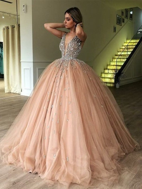 Ball Gown V-neck Sleeveless Floor-Length Beading Tulle Dresses DFP0001470