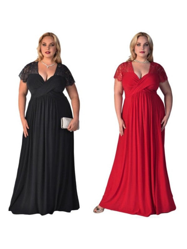 A-Line/Princess Short Sleeves V-neck Floor-Length Lace Chiffon Plus Size Dresses DFP0003786