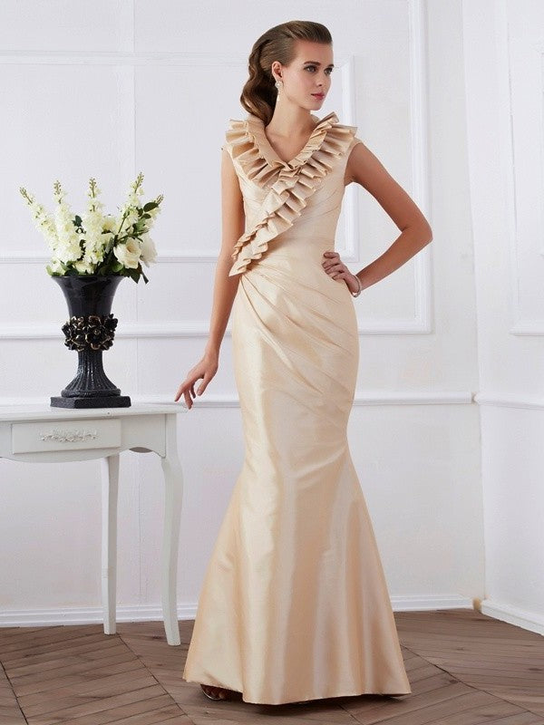 Sheath/Column V-neck Short Sleeves Ruffles Long Taffeta Mother of the Bride Dresses DFP0007389