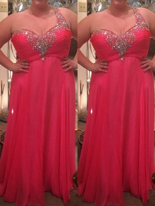 A-Line/Princess One-Shoulder Sleeveless Beading Floor-Length Chiffon Plus Size Dresses DFP0004082