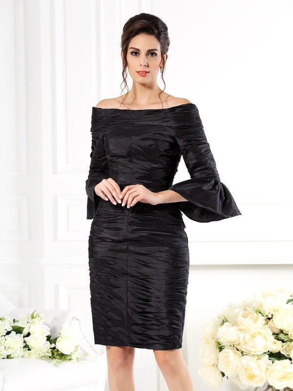 Sheath/Column Off-the-Shoulder Ruched 1/2 Sleeves Short Taffeta Mother of the Bride Dresses DFP0007211