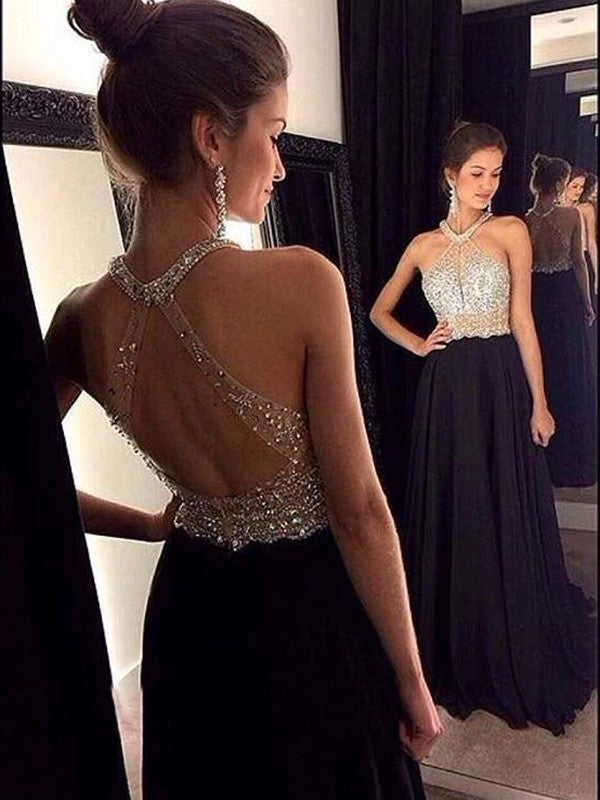 A-Line/Princess Sleeveless Halter Beading Chiffon Sweep/Brush Train Dresses DFP0001853