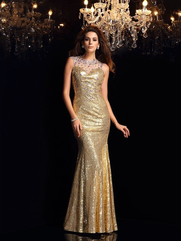 Trumpet/Mermaid High Neck Sleeveless Long Sequins Dresses DFP0003112