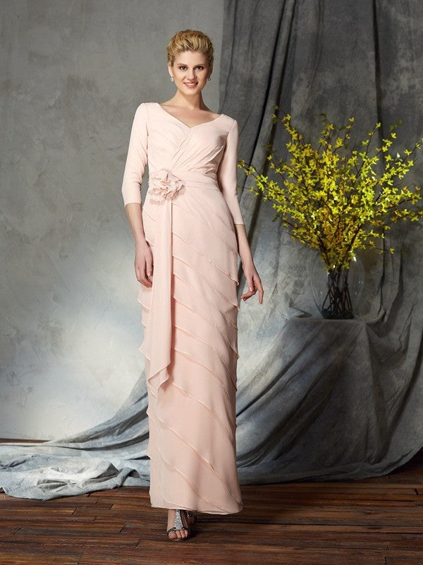 Sheath/Column V-neck Hand-Made Flower 3/4 Sleeves Long Chiffon Mother of the Bride Dresses DFP0007053