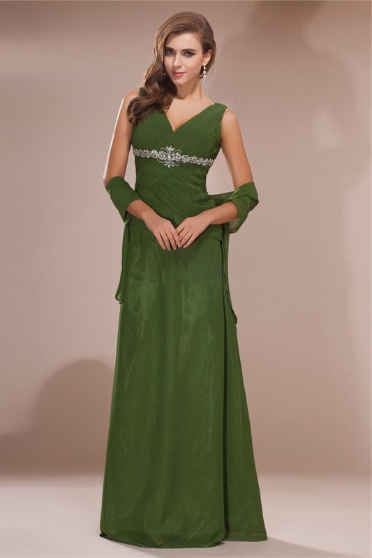 Sheath/Column V-neck Sleeveless Beading Long Chiffon Mother of the Bride Dresses DFP0007335