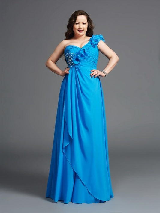 A-Line/Princess One-Shoulder Rhinestone Sleeveless Long Chiffon Plus Size Dresses DFP0004258