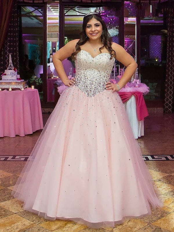 Ball Gown Sleeveless Sweetheart Tulle Floor-Length Beading Plus Size Dresses DFP0002497