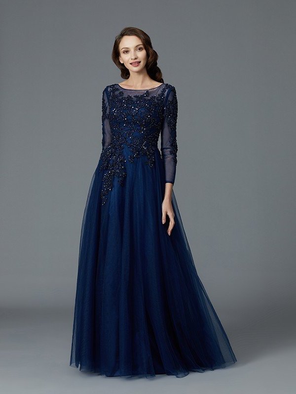 A-Line/Princess Long Sleeves Scoop Beading Floor-Length Tulle Mother of the Bride Dresses DFP0007069