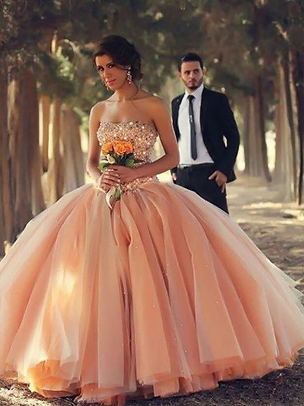 Ball Gown Sleeveless Strapless Beading Floor-Length Tulle Dresses DFP0001933